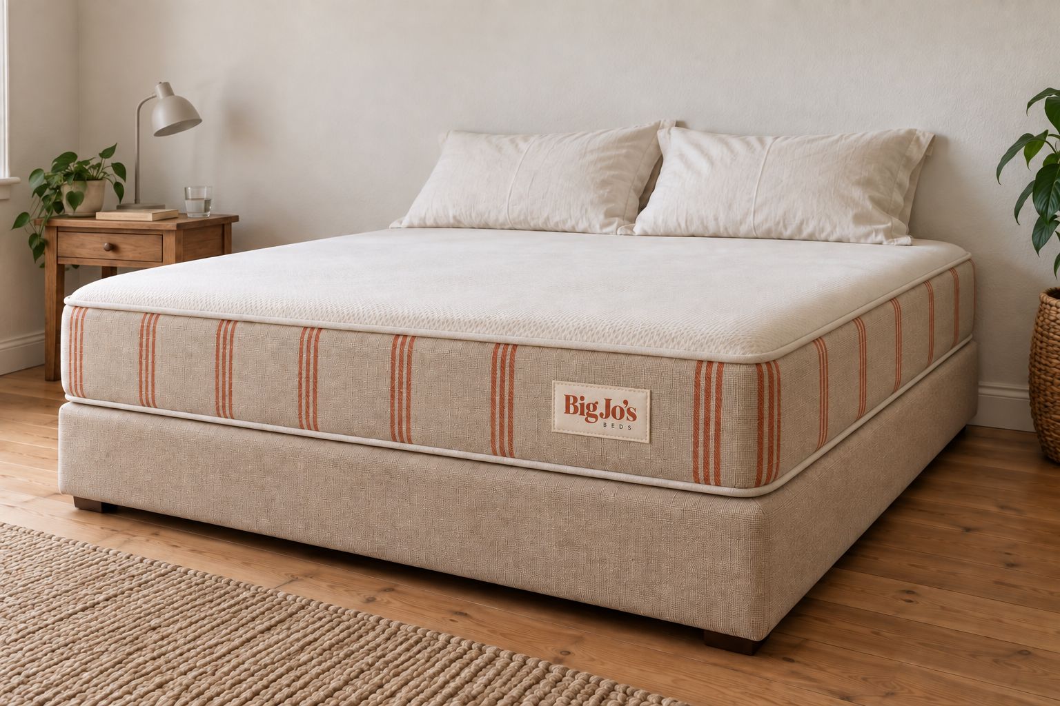 Big Jo’s mattress and matching base in Flax: natural woven sides with clay stripes and a cream top, in a bedroom.