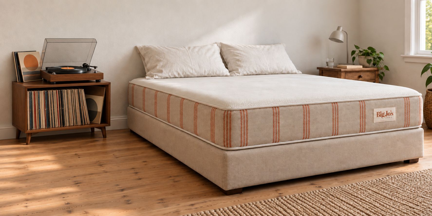 Big Jo’s mattress and matching base in Flax in a sunlit bedroom, beside a record player on a shelf of vinyl records.